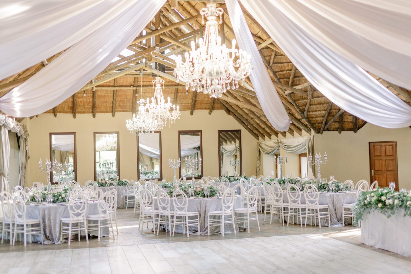 The Homestead reception hall with chandeliers